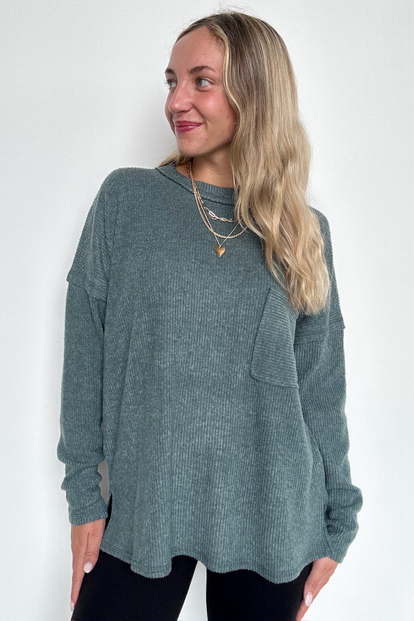 Ash Jade / S Chill Essentials Ribbed Brushed Knit Pocket Top - Madison and Mallory