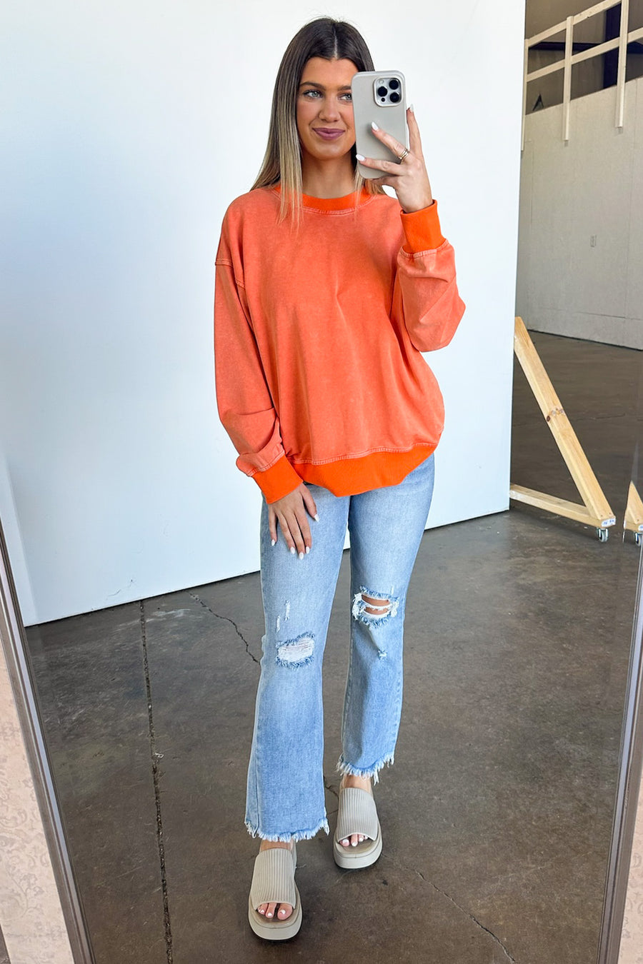 XS / Orange Andriano Washed Knit Long Sleeve Pullover - Madison and Mallory