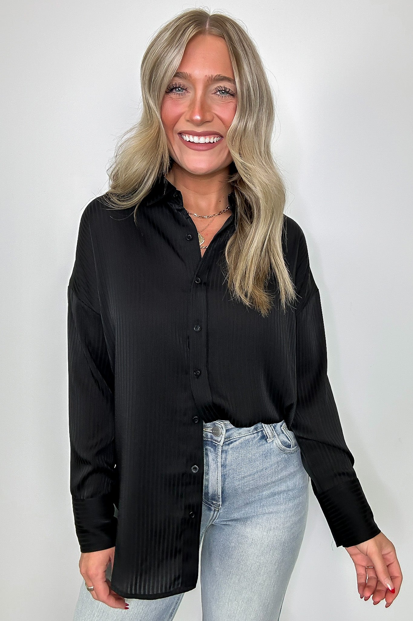 Black / S Samantha Satin Pinstripe Button Down Top - FINAL SALE - Madison and Mallory