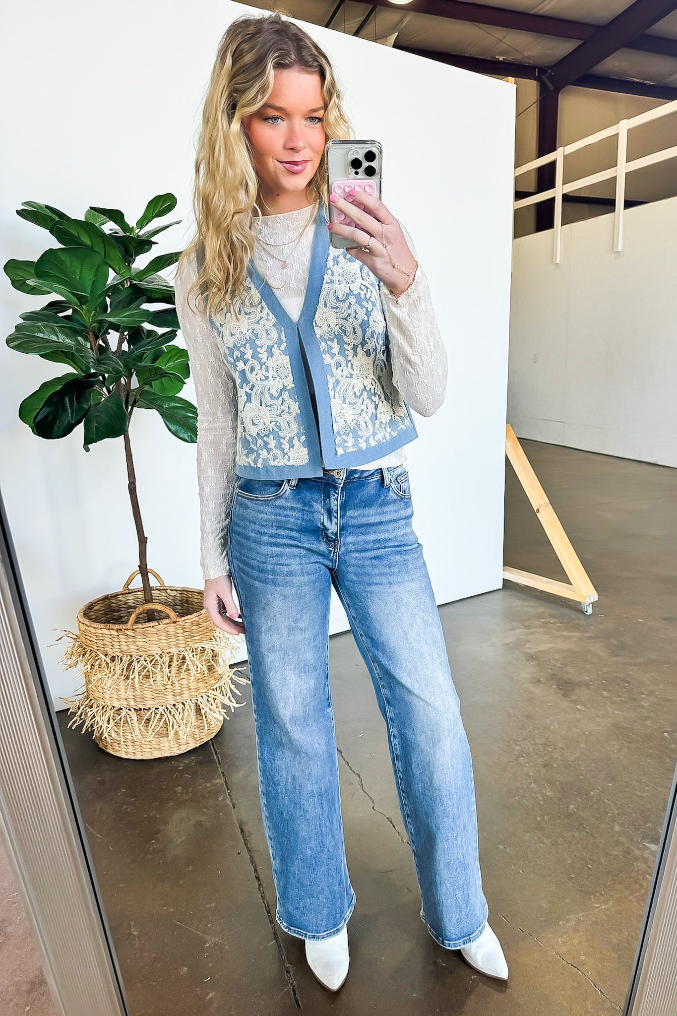 Casual Textures Denim and Lace Vest - Madison and Mallory