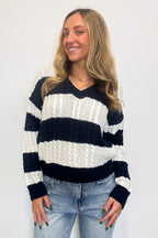 Julia V-Neck Striped Cable Knit Sweater - FINAL SALE - Madison and Mallory