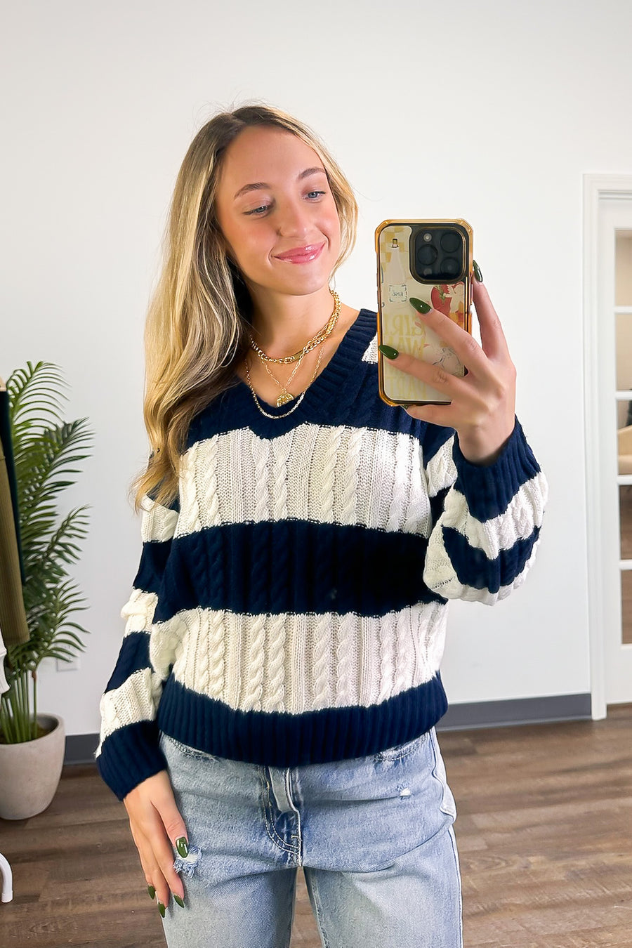 Navy / S Julia V-Neck Striped Cable Knit Sweater - Madison and Mallory