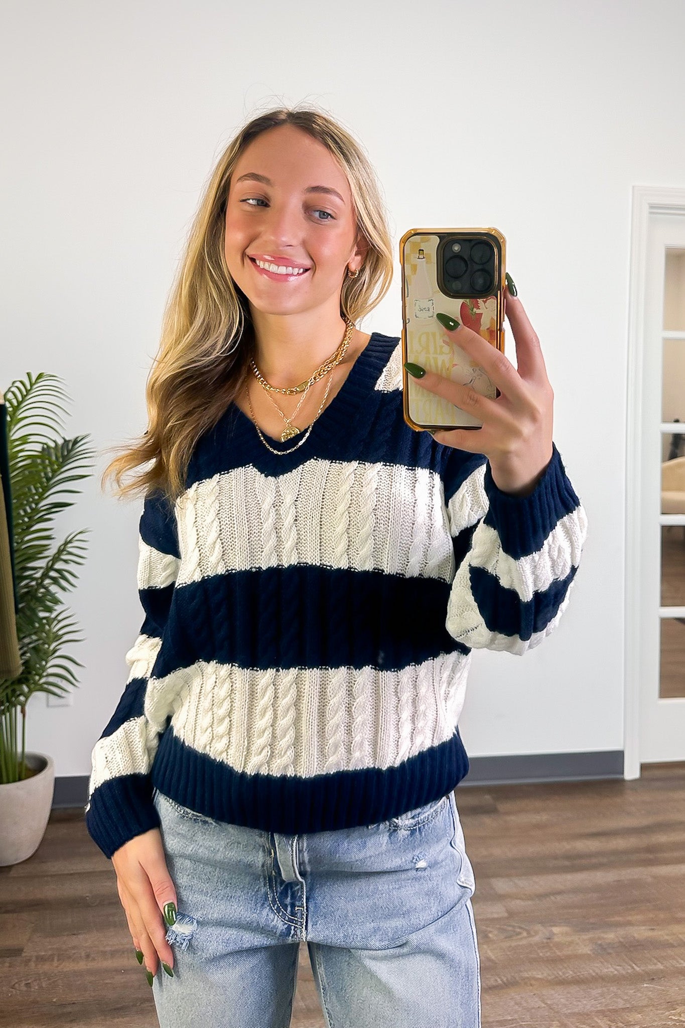 Julia V-Neck Striped Cable Knit Sweater · Madison + Mallory