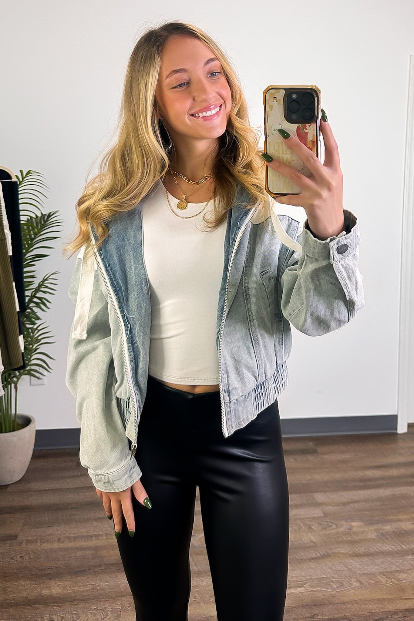 Edgy Feeling Contrast Hooded Denim Bomber Jacket - Madison and Mallory