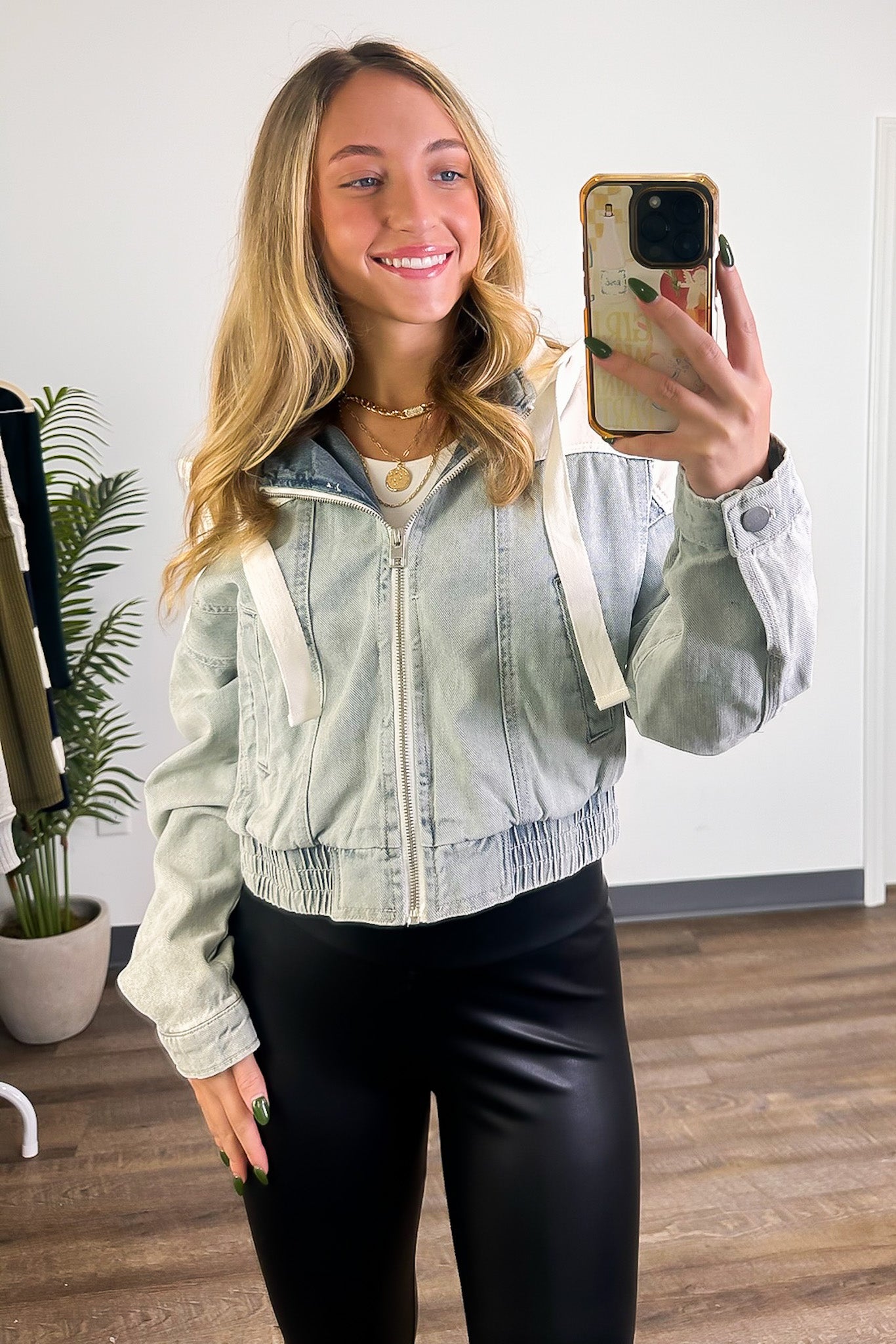 Edgy Feeling Contrast Hooded Denim Bomber Jacket - Madison and Mallory