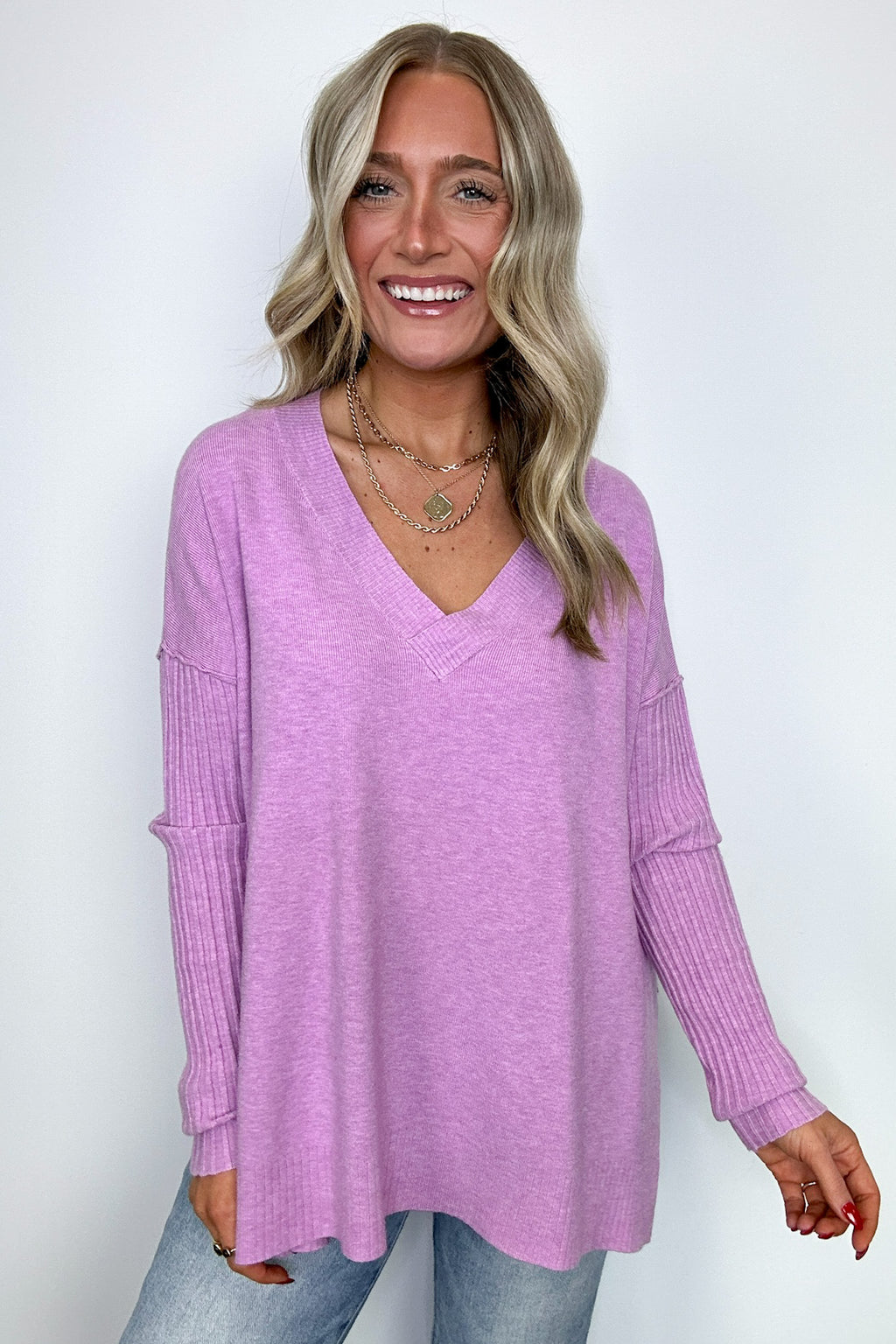 Sophie V-Neck Ribbed Hem Sweater - FINAL SALE - Madison and Mallory