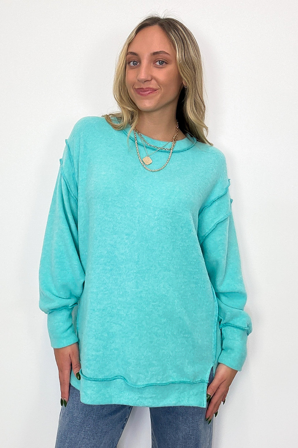 Turquoise / SM Cyndee Hacci Knit Oversized Pullover - Madison and Mallory