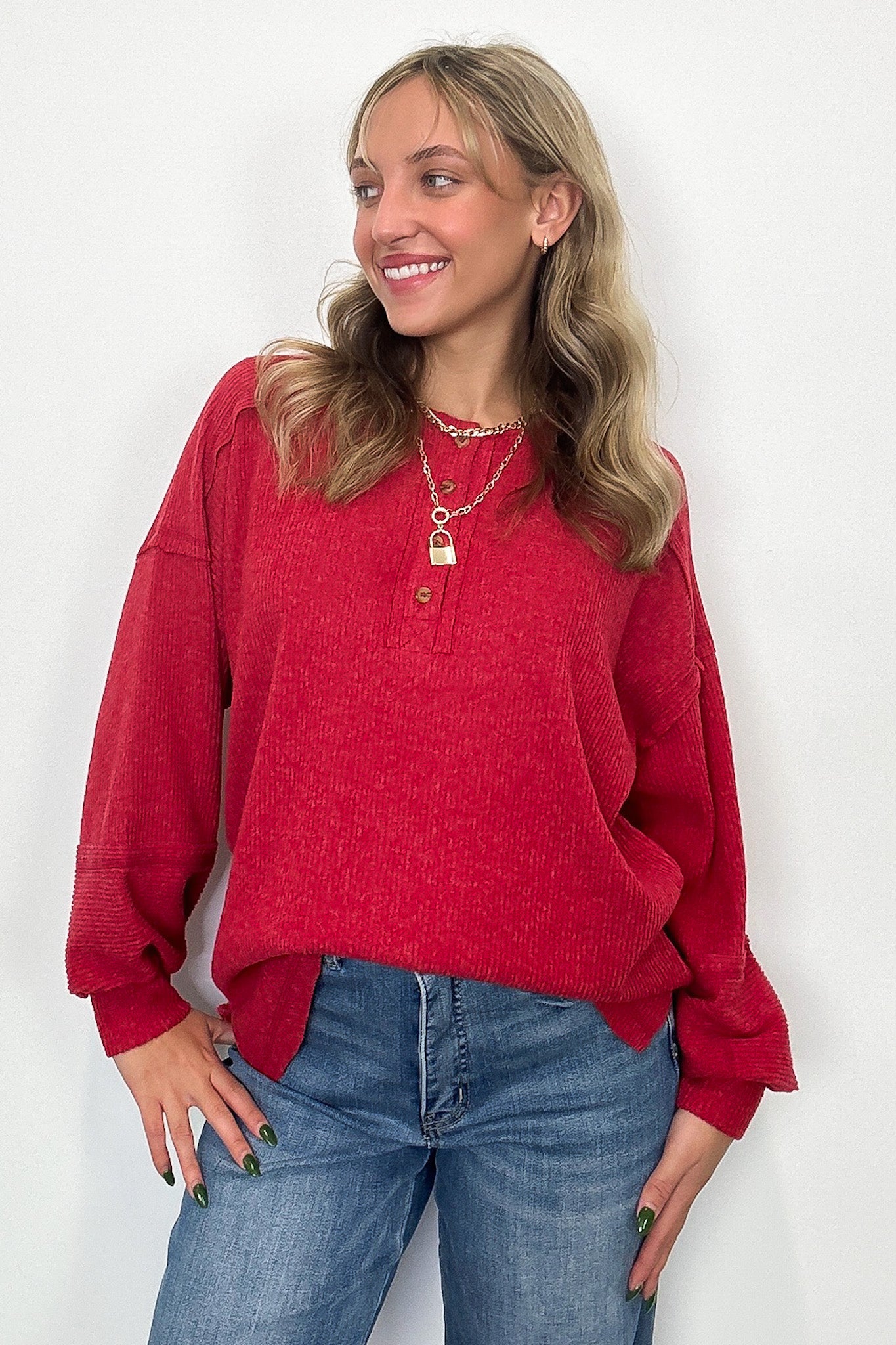 Dark Red / SM Cozy Outcome Ribbed Henley Top - Madison and Mallory