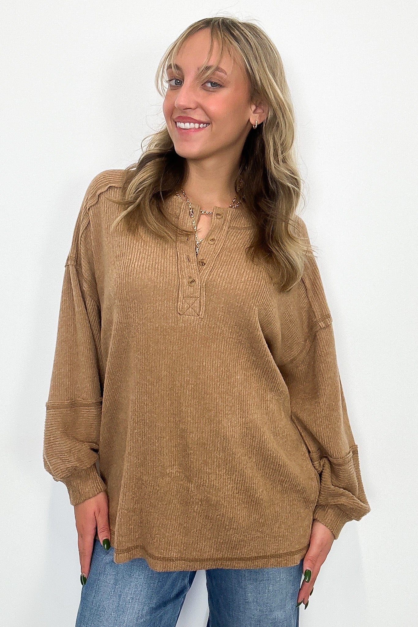 Deep Camel / SM Cozy Outcome Ribbed Henley Top - Madison and Mallory