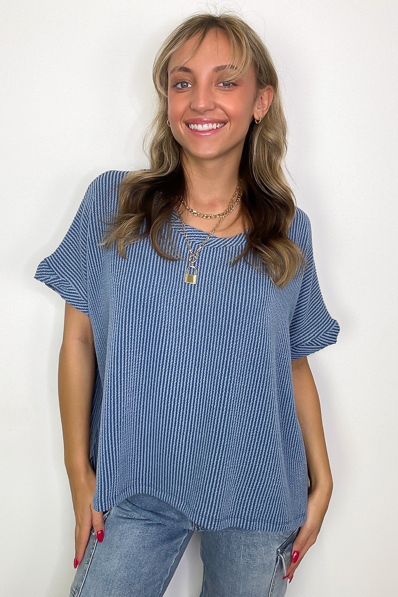 Dusty Blue / SM Adriano Rib Knit Twist Sleeve Top - BACK IN STOCK - Madison and Mallory