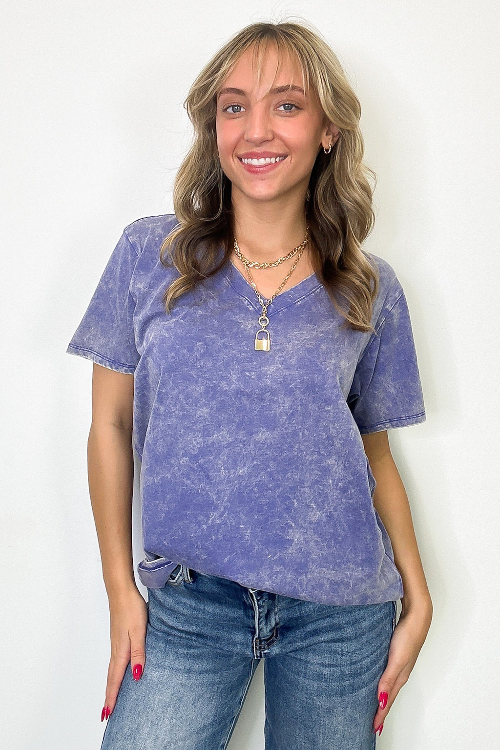 Soleil Acid Wash V-Neck Relaxed Fit Top - BACK IN STOCK - Madison and Mallory