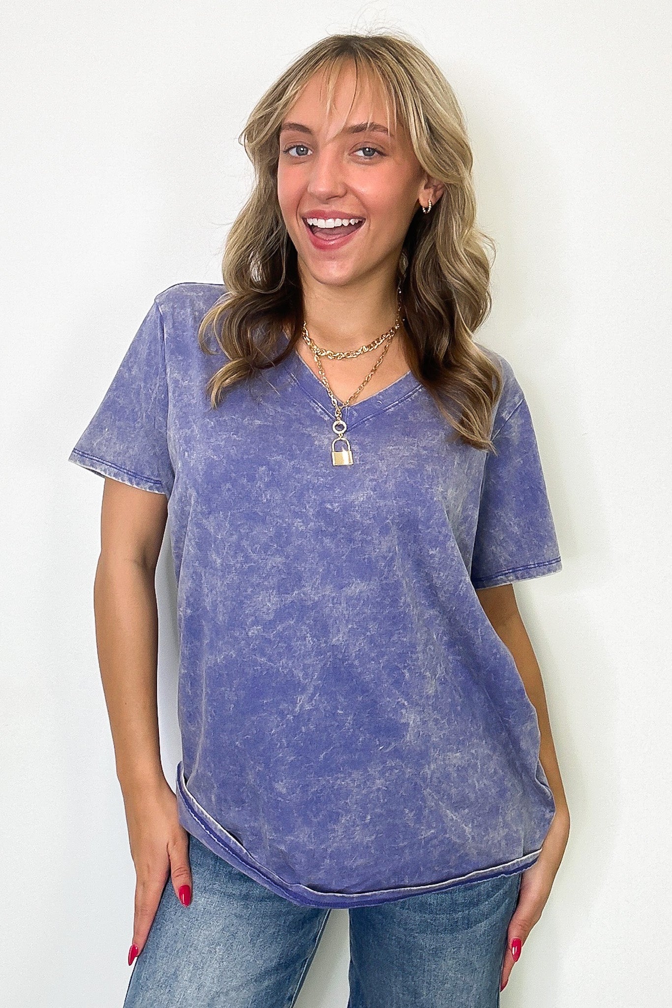 Soliel Acid Wash V-Neck Relaxed Fit Top - BACK IN STOCK