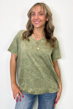Soleil Acid Wash V-Neck Relaxed Fit Top - BACK IN STOCK