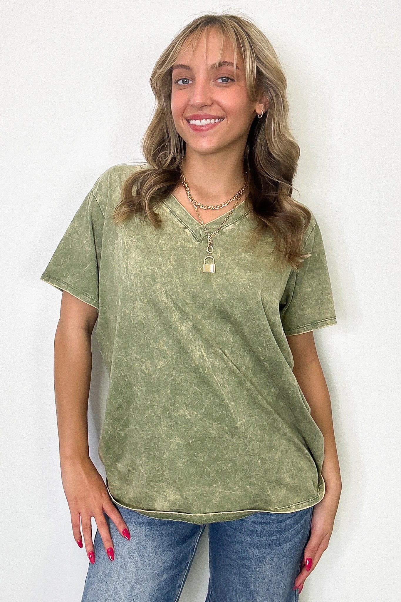 Soleil Acid Wash V-Neck Relaxed Fit Top - BACK IN STOCK