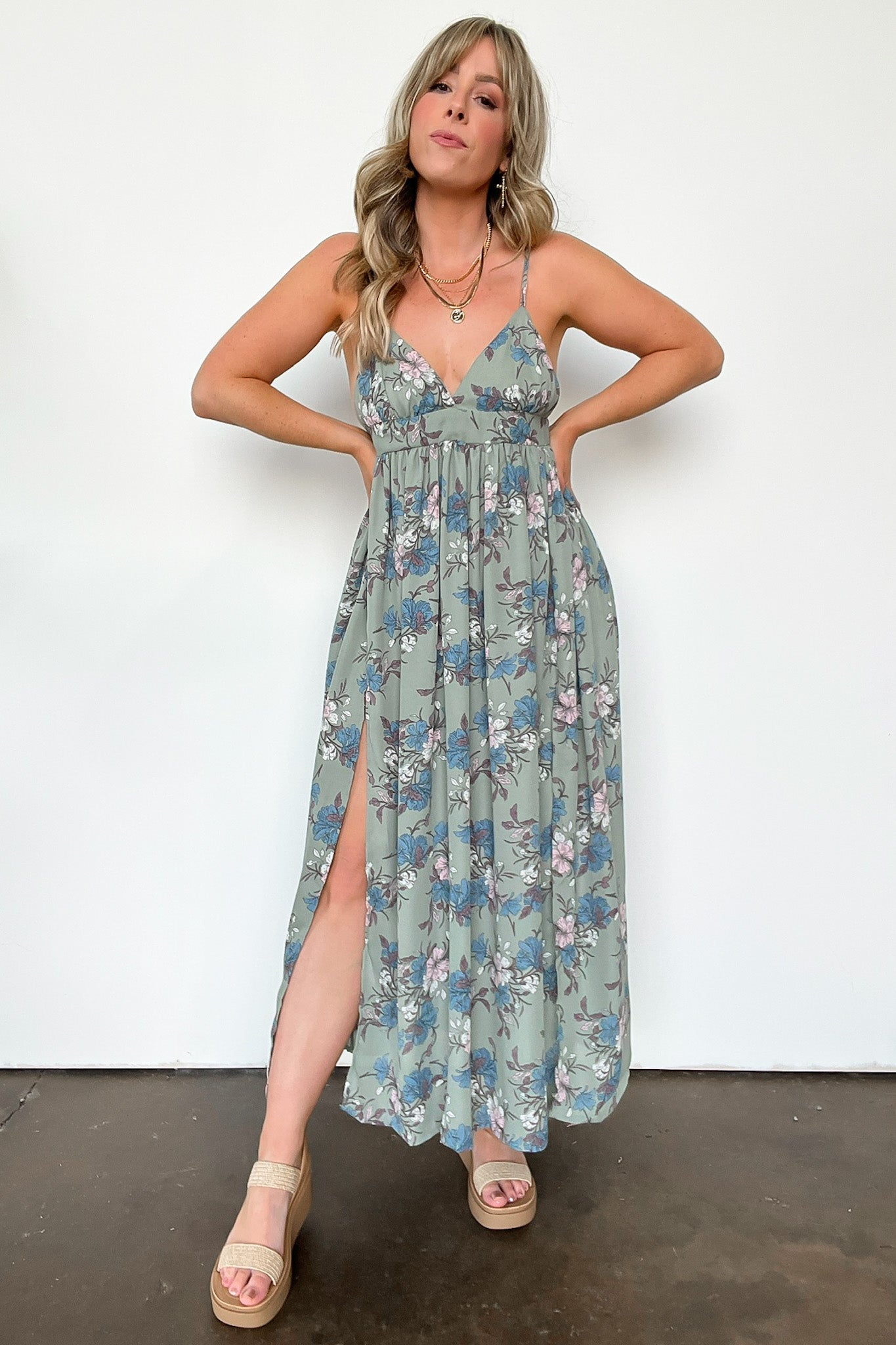 Sage / S Iconic Romantic Floral Print Side Slit Maxi Dress - Madison and Mallory