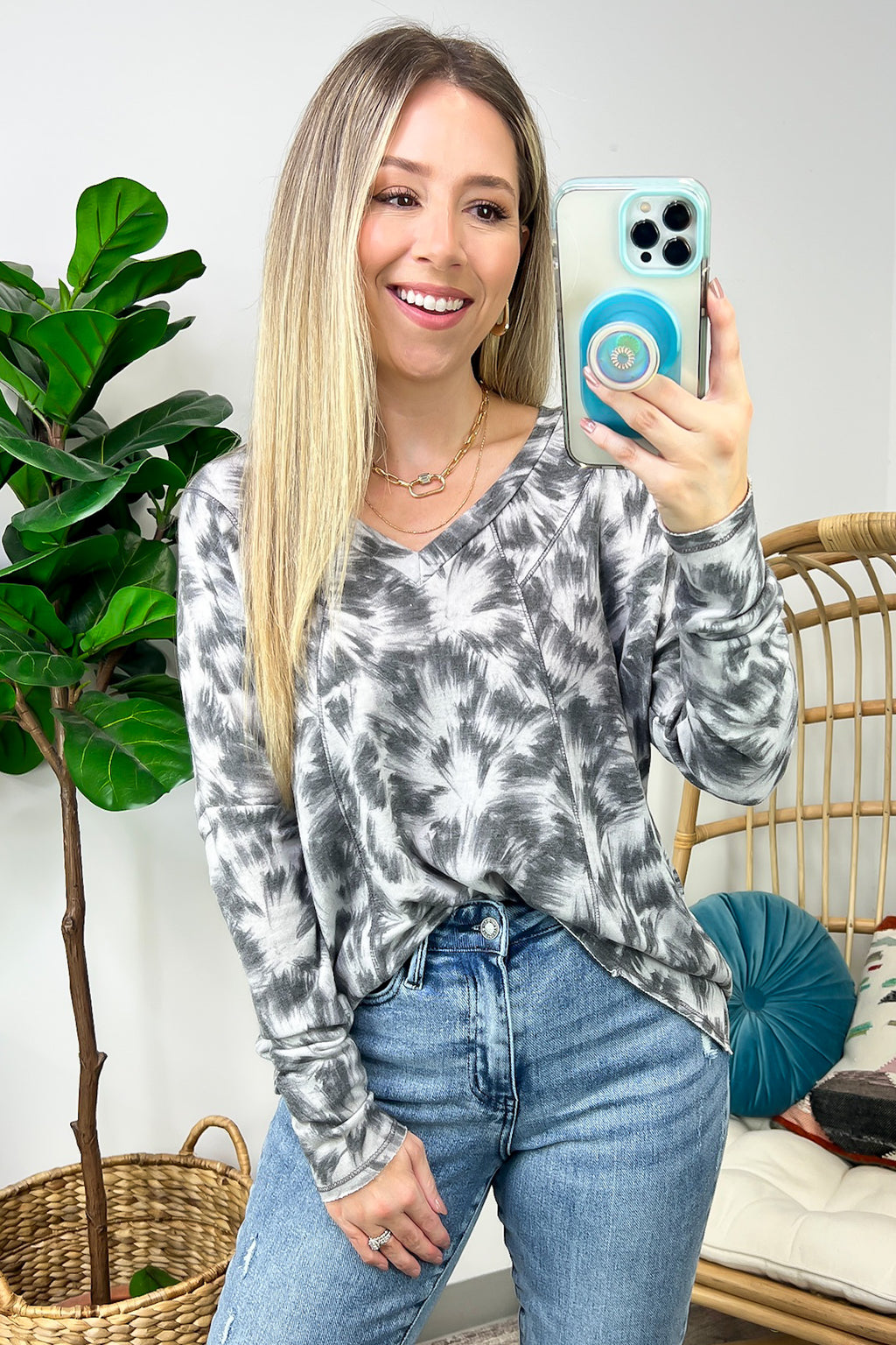 Gray / S Ideal Style Abstract Brushstrokes V-Neck Top - FINAL SALE - Madison and Mallory