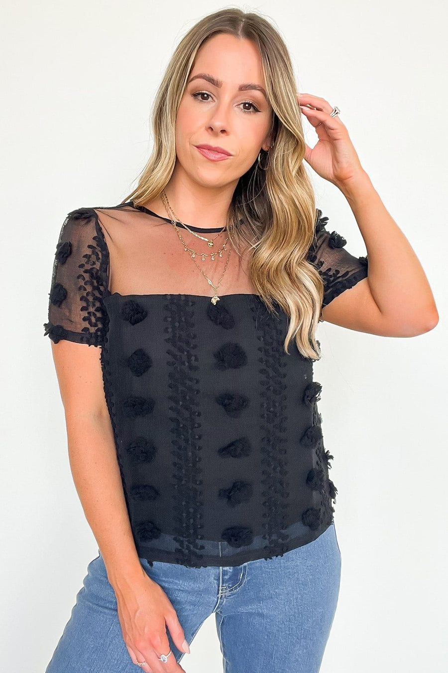 Black / S Idyllic Perfection Sheer Pom Pom Detail Top - FINAL SALE - Madison and Mallory