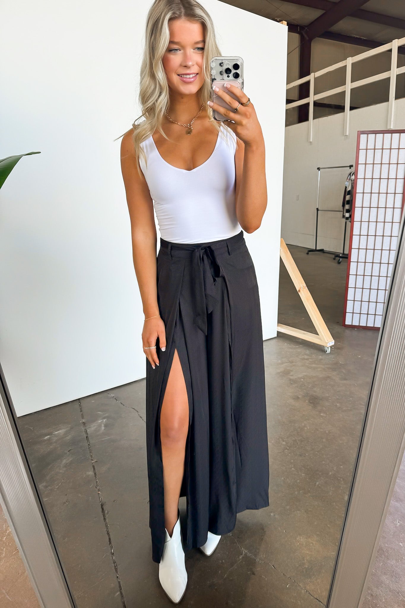 【Anyone more】Modi cut slit maxi long wide pants Women's Side High Slit Palazzo Pants Solid Color Loose Wide