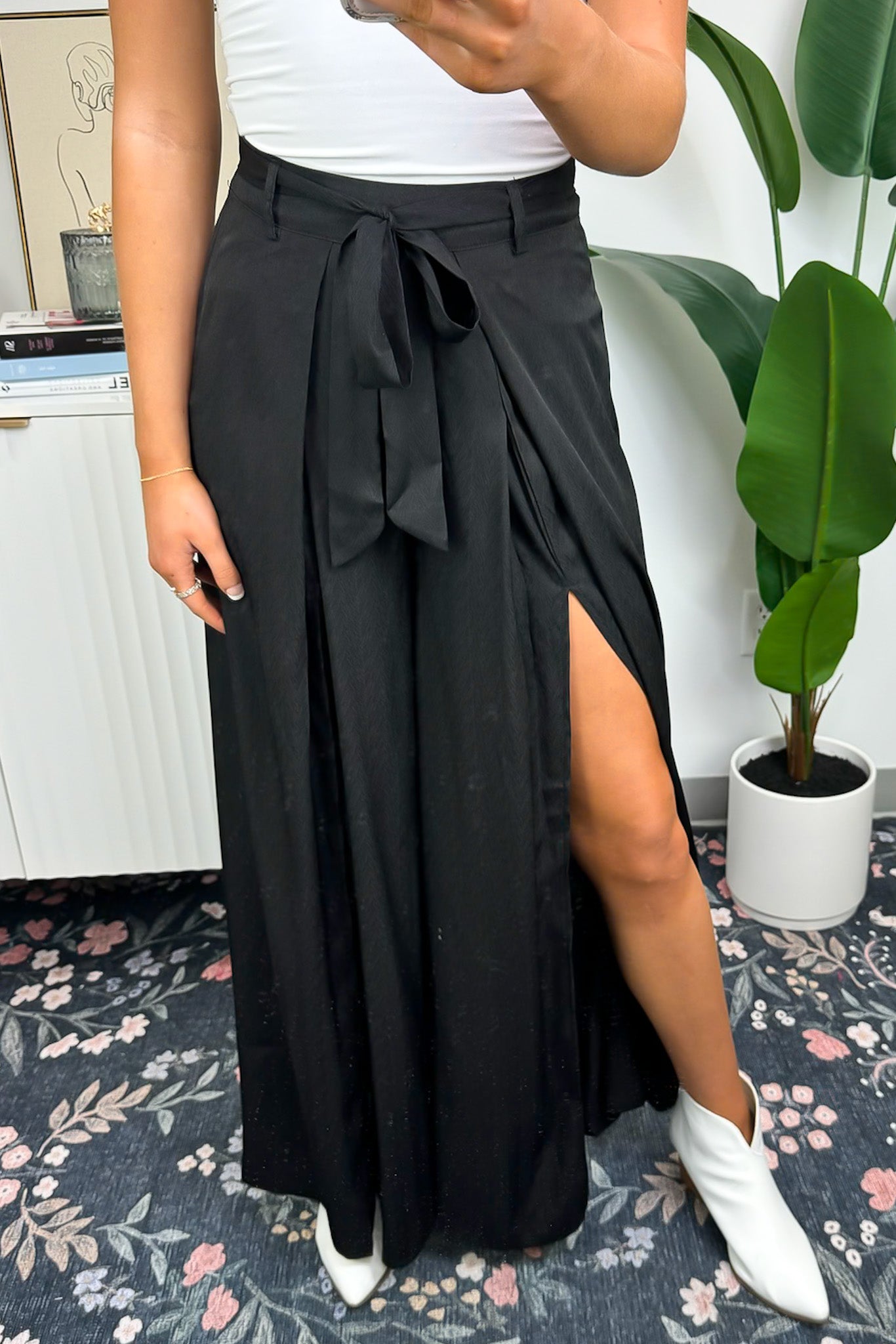 Black / S Impressive Perfection Front Slit Flowy Pants - Madison and Mallory