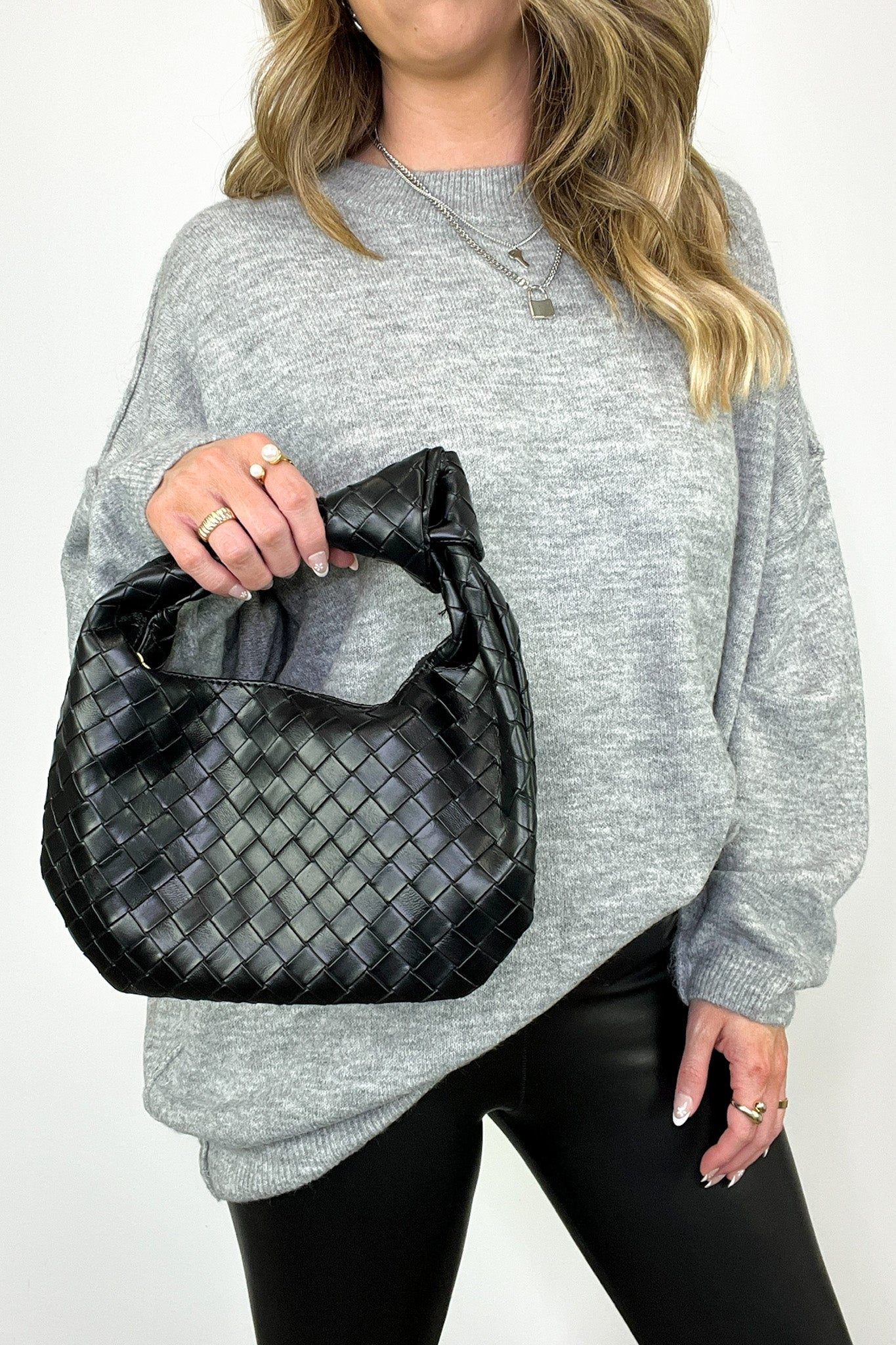 Black Impressive Detail Woven Knotted Sloucy Hobo Handbag - Madison and Mallory