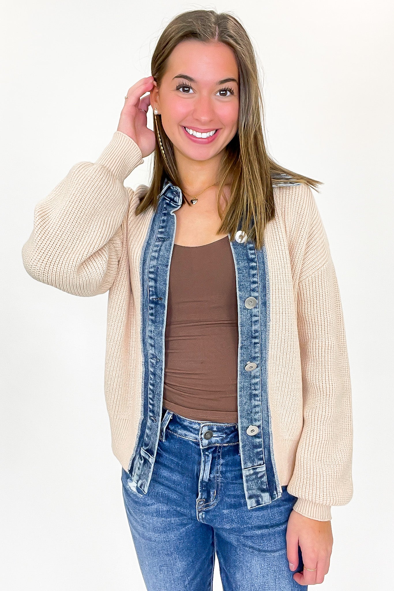 Beige / S Indigo Edge Denim Contrast Button Down Cardigan Sweater - Madison and Mallory