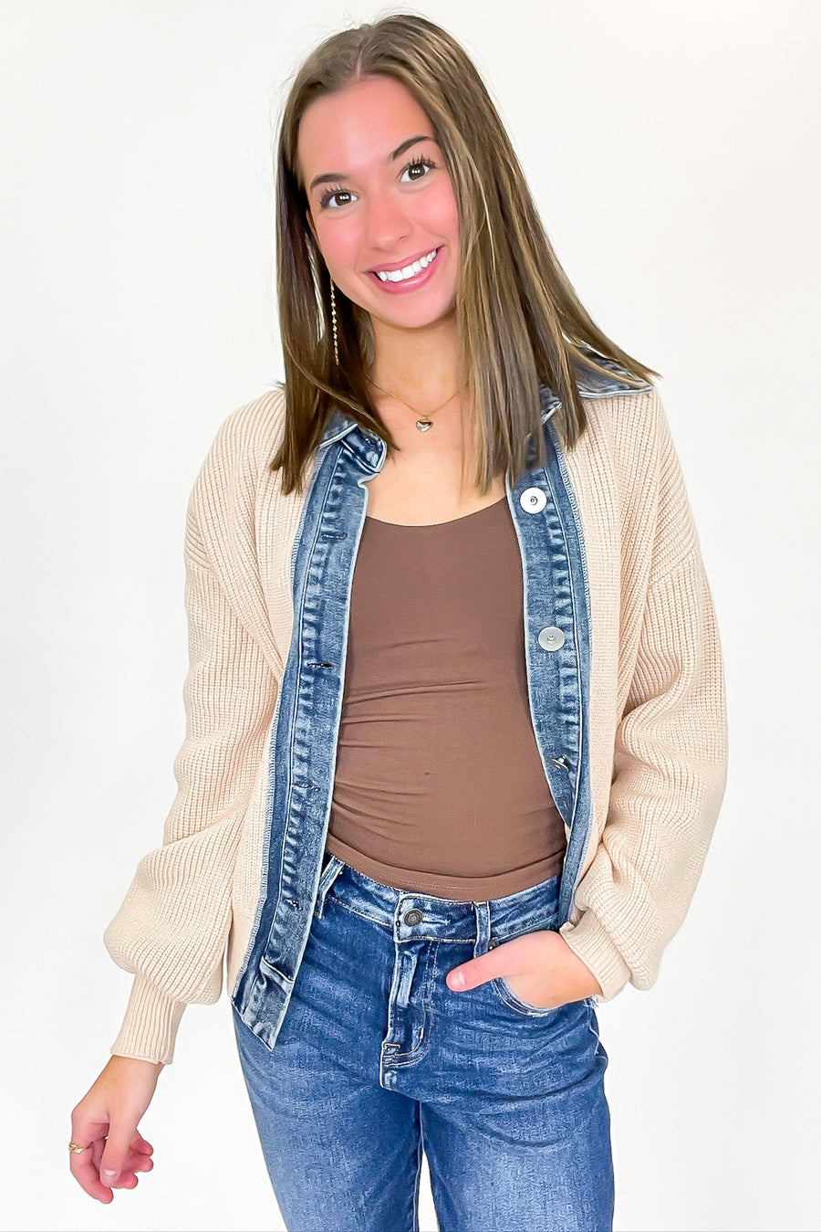 Indigo Edge Denim Contrast Button Down Cardigan Sweater - Madison and Mallory