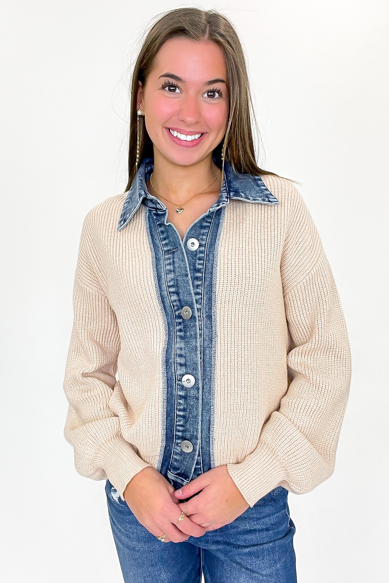 Indigo Edge Denim Contrast Button Down Cardigan Sweater - Madison and Mallory