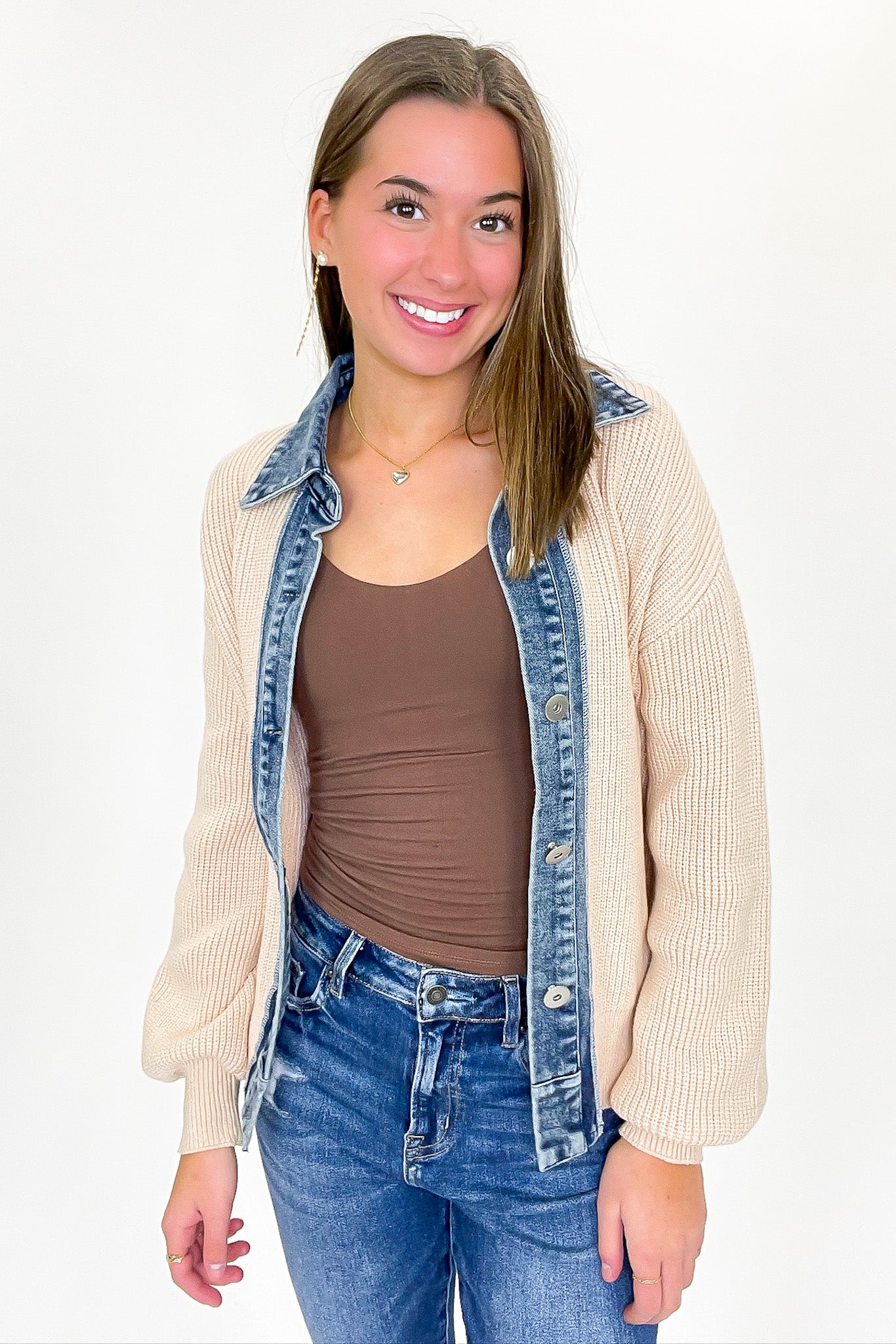 Indigo Edge Denim Contrast Button Down Cardigan Sweater - Madison and Mallory