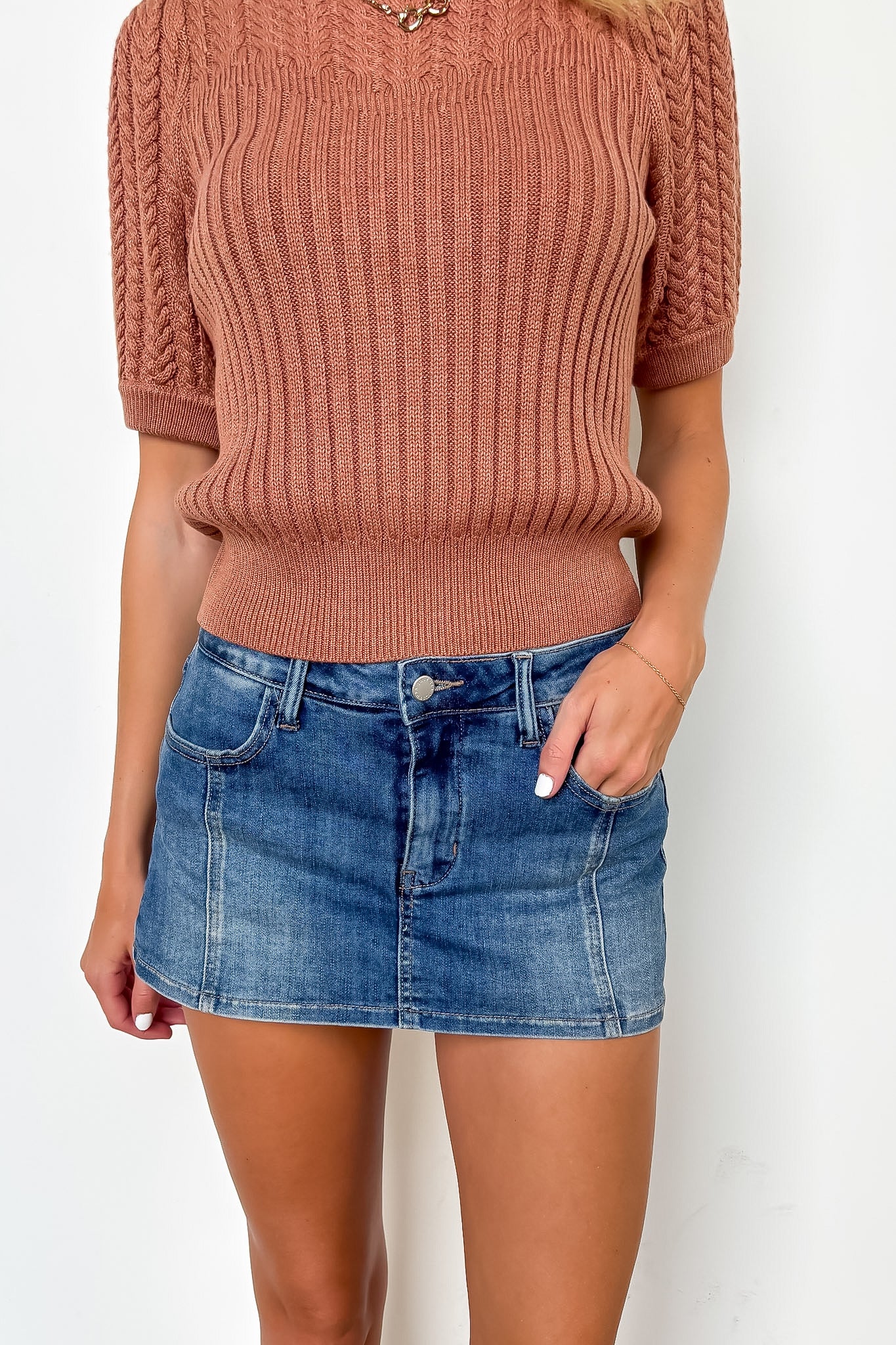 S / Medium Denim Indigo Structure Seam Detail Denim Skort - Madison and Mallory