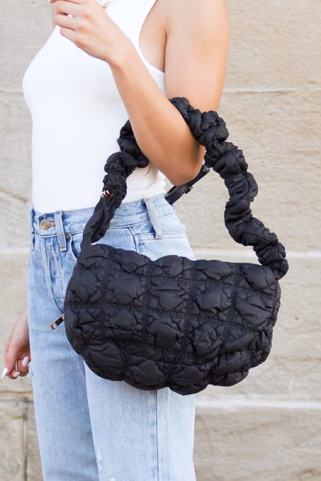 Black Indy Convertible Quilted Puffer Crossbody - Madison and Mallory