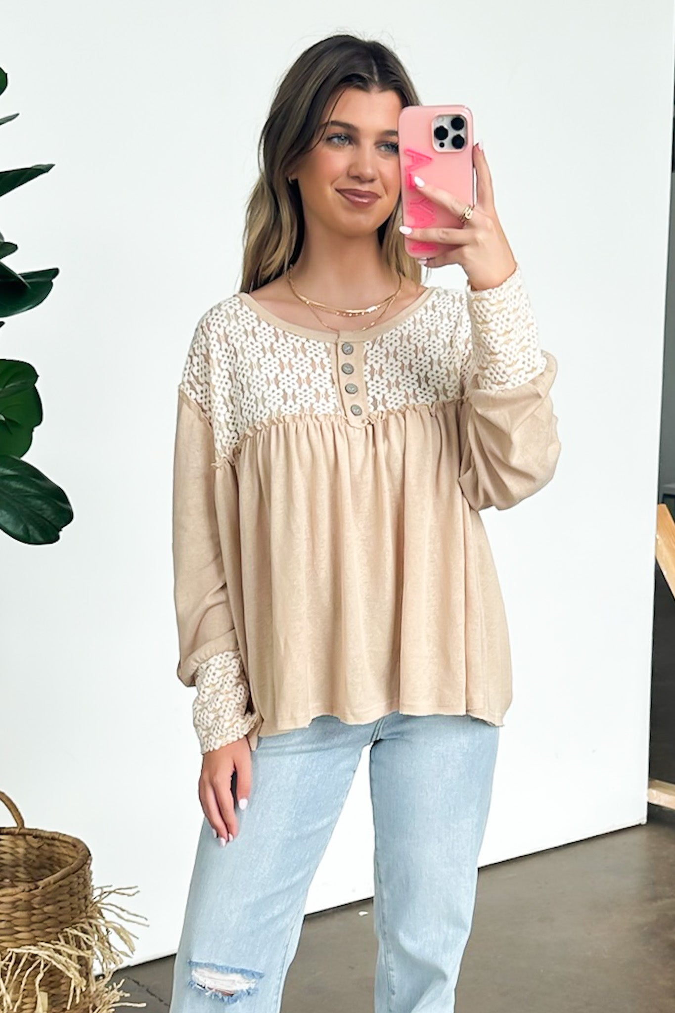 Wheat / S Ines Lace Contrast Flowy Top - FINAL SALE - Madison and Mallory