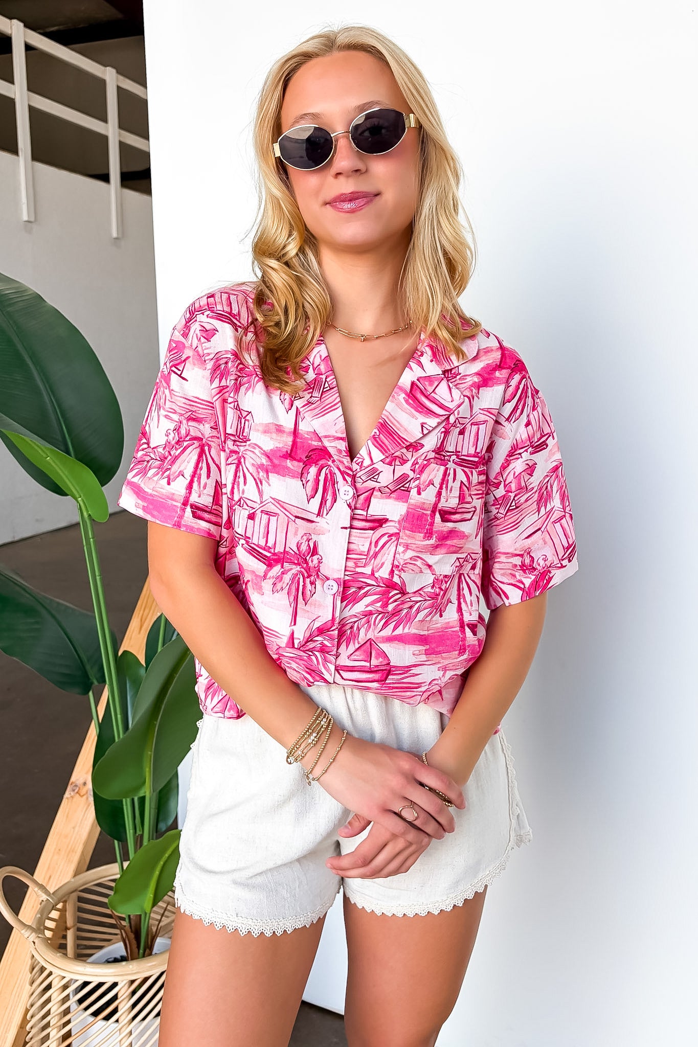 S / Pink Island Ease Tropical Print Button Down Shirt - Madison and Mallory