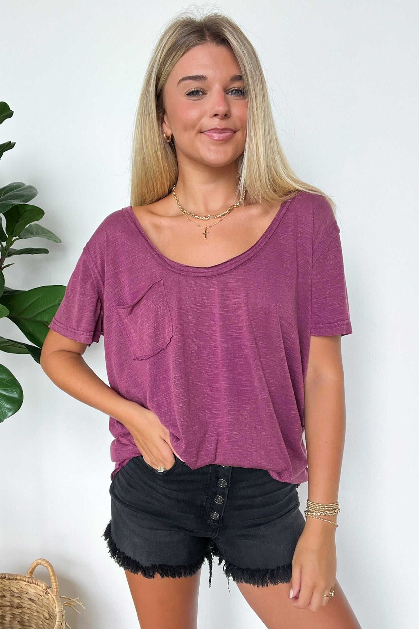 Plum / S Jadyn Scoop Neck Relaxed Pocket Tee - BACK IN STOCK - Madison and Mallory