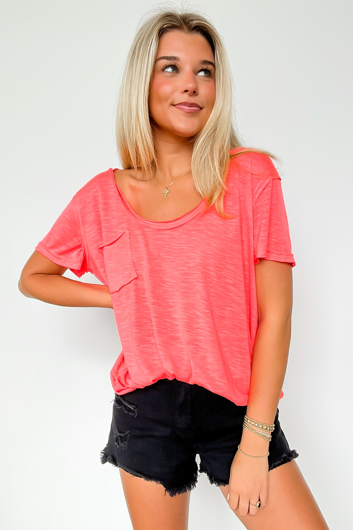 Neon Pink / S Jadyn Scoop Neck Relaxed Pocket Tee - FINAL SALE - Madison and Mallory