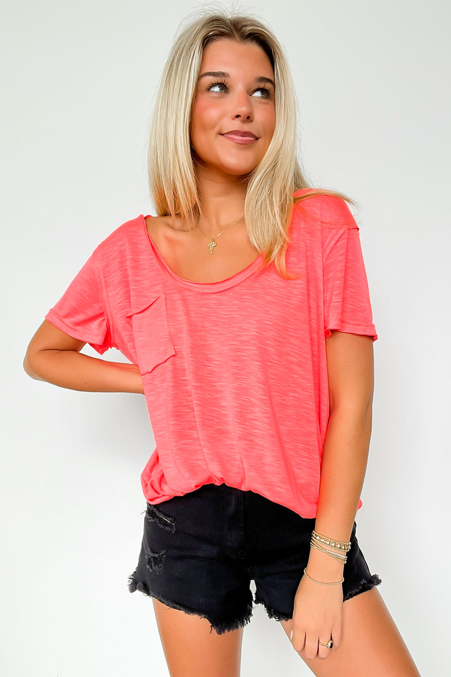 Neon Pink / S Jadyn Scoop Neck Relaxed Pocket Tee - BACK IN STOCK - Madison and Mallory