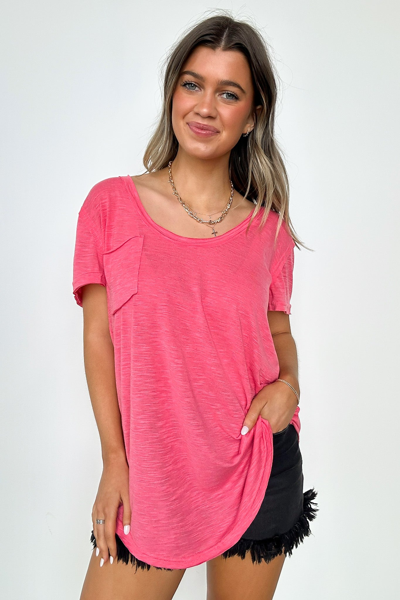 Flamingo / S Jadyn Scoop Neck Relaxed Pocket Tee - BACK IN STOCK - Madison and Mallory