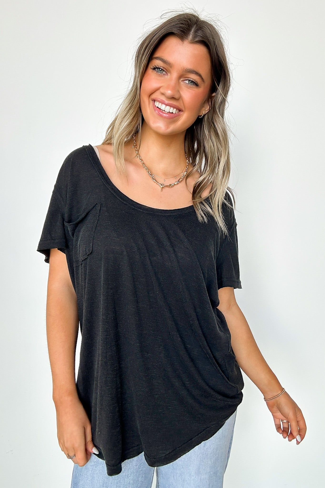 Black / S Jadyn Scoop Neck Relaxed Pocket Tee - BACK IN STOCK - Madison and Mallory