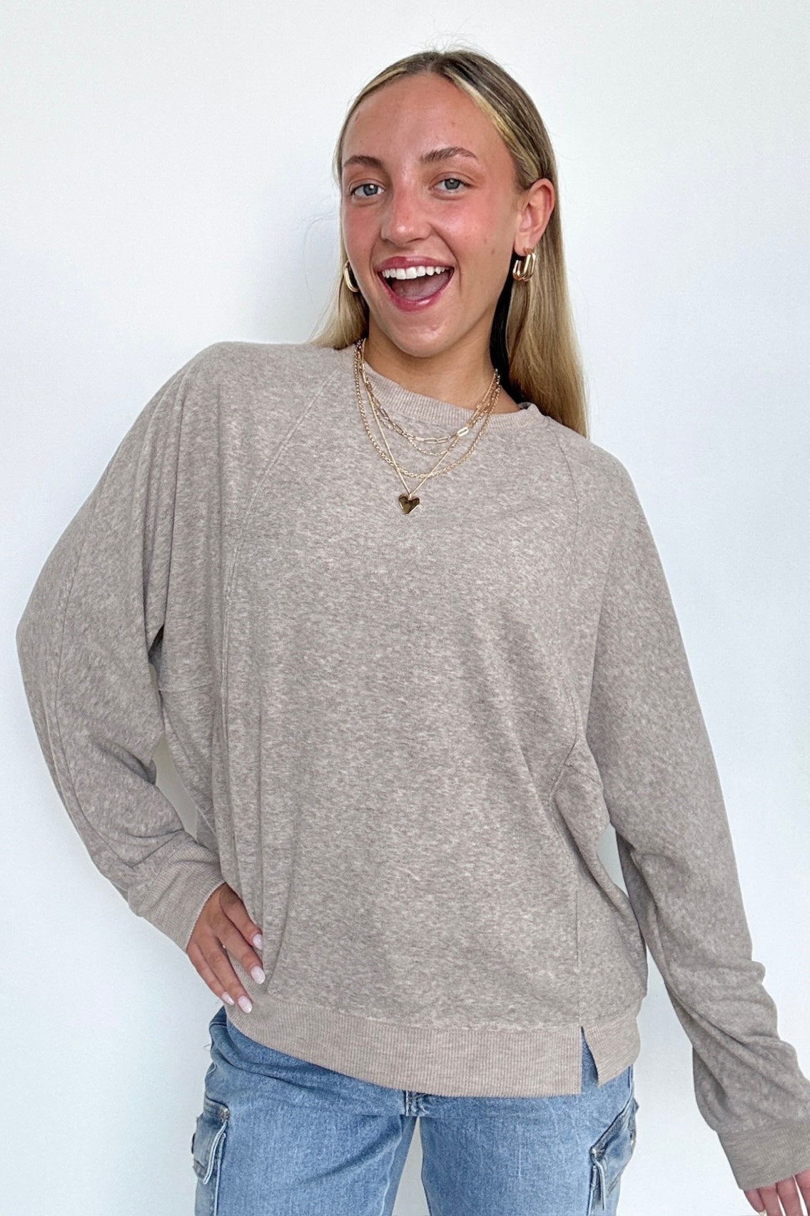 Mocha / S Janay Oversized Contrast Knit Pullover - Madison and Mallory