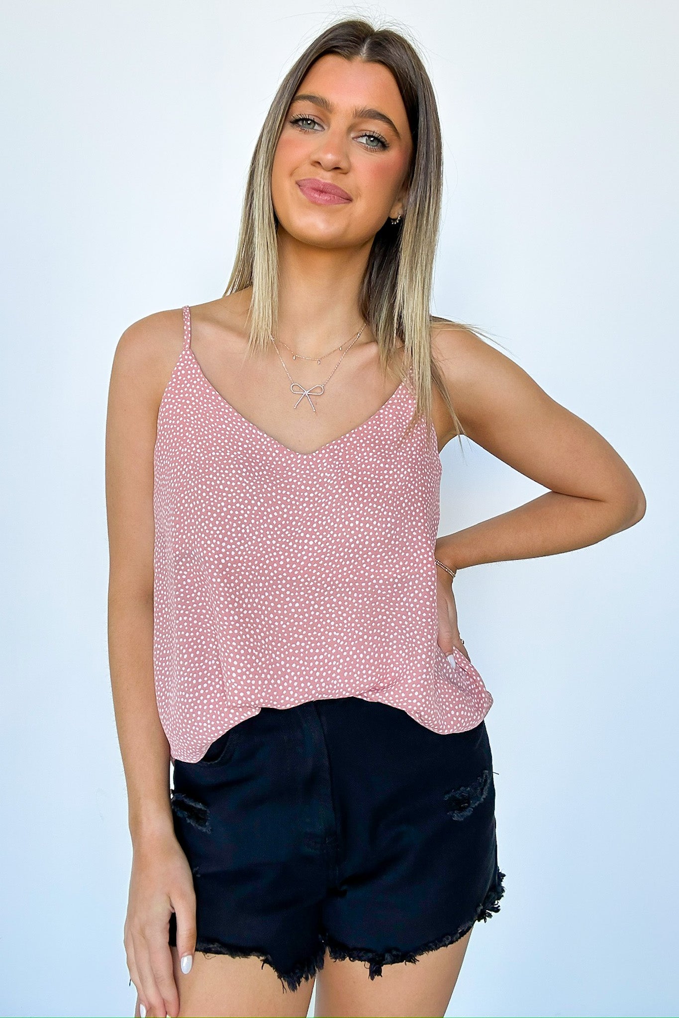 Pink / S Janaya V-Neck Dot Tank - Madison and Mallory