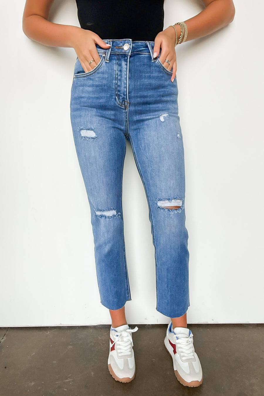 1 / Medium Janeska High Rise Distressed Slim Straight Jeans - Madison and Mallory