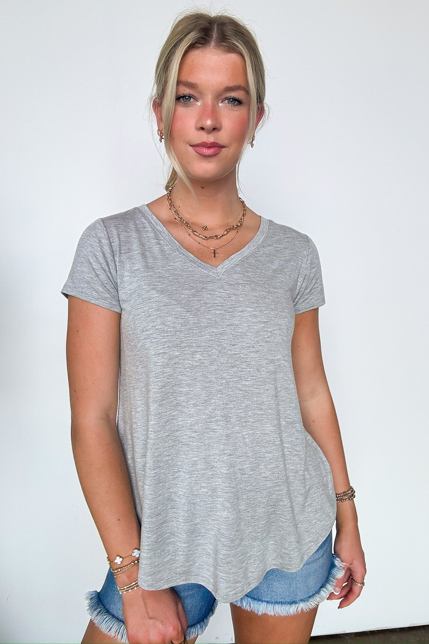 Heather Gray / S Jayme V-Neck Short Sleeve Top - Madison and Mallory