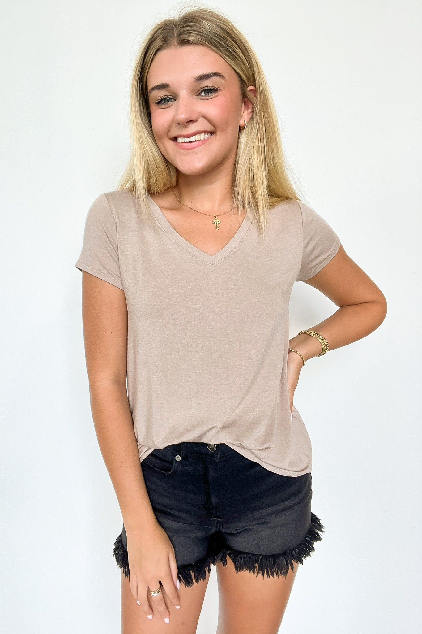 Ash Mocha / S Jayme V-Neck Short Sleeve Top - Madison and Mallory