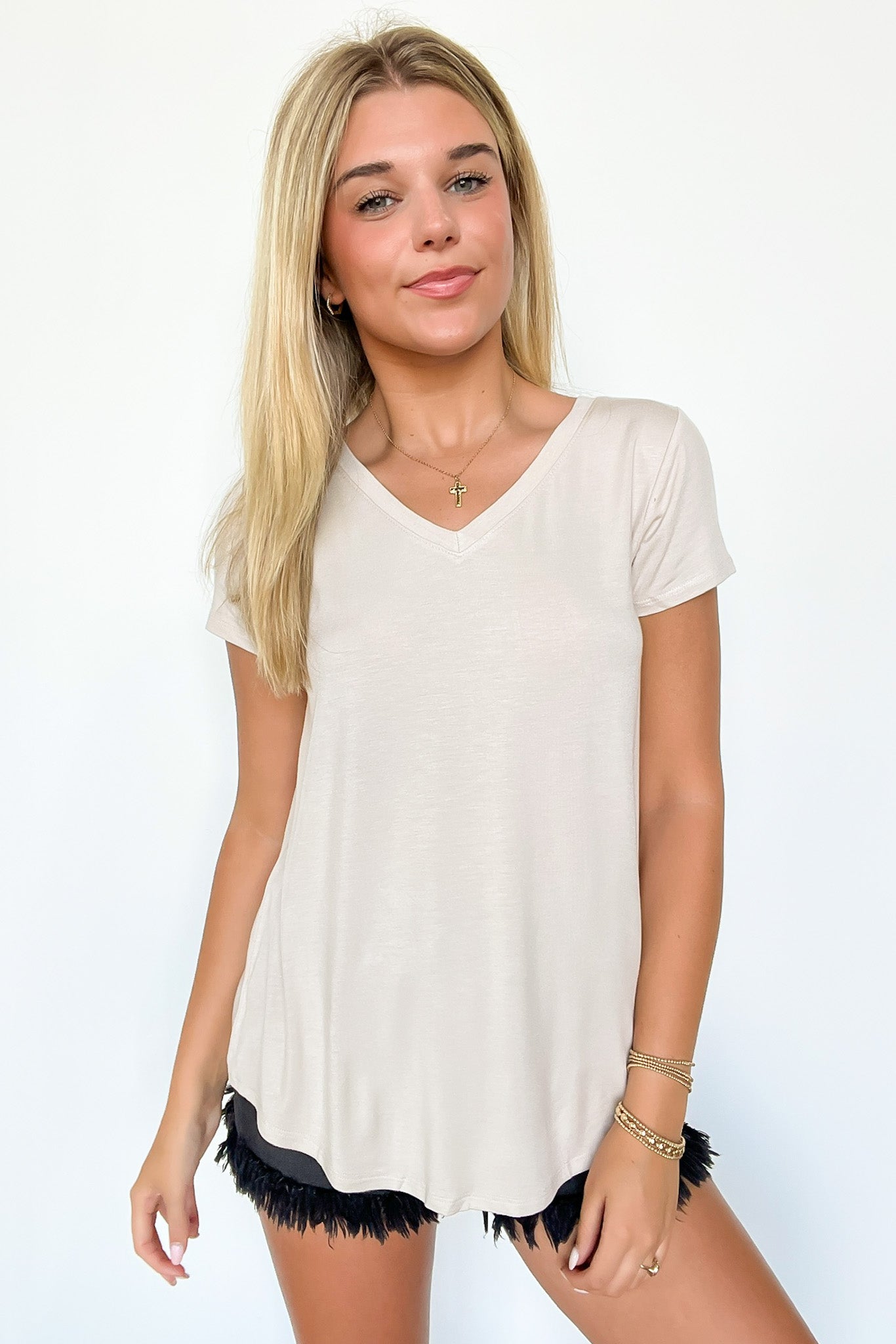 Sand Beige / S Jayme V-Neck Short Sleeve Top - Madison and Mallory