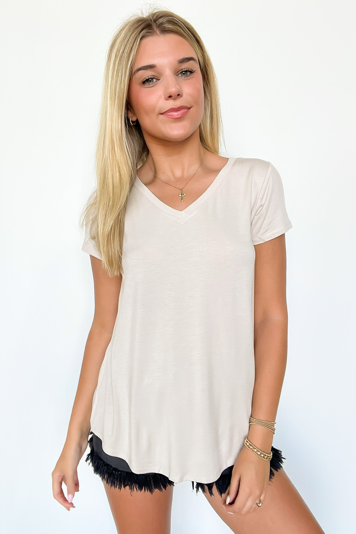 Sand Beige / S Jayme V-Neck Short Sleeve Top - FINAL SALE - Madison and Mallory