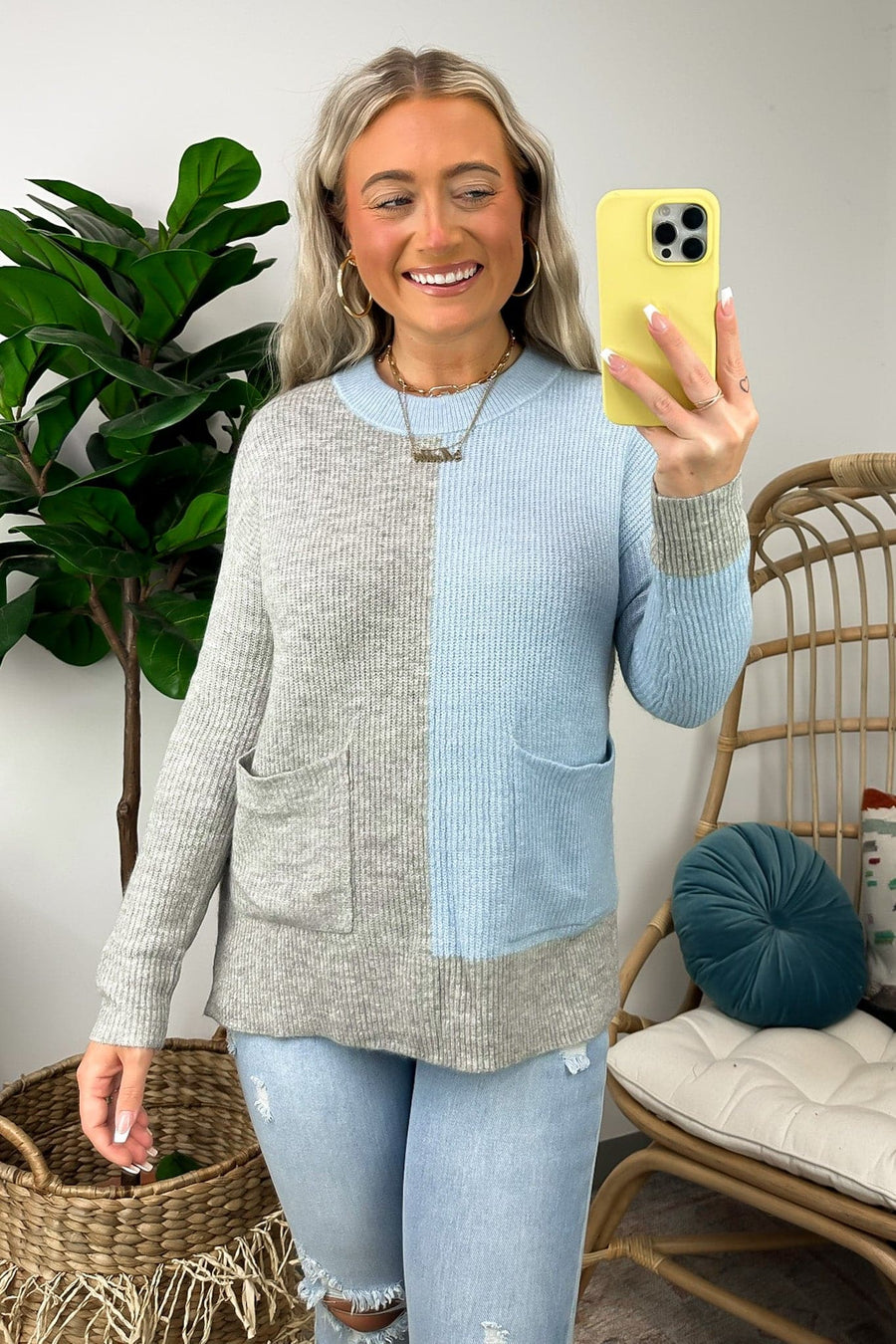 S / Blue/Gray Jazara Color Block Pocket Knit Top - FINAL SALE - Madison and Mallory