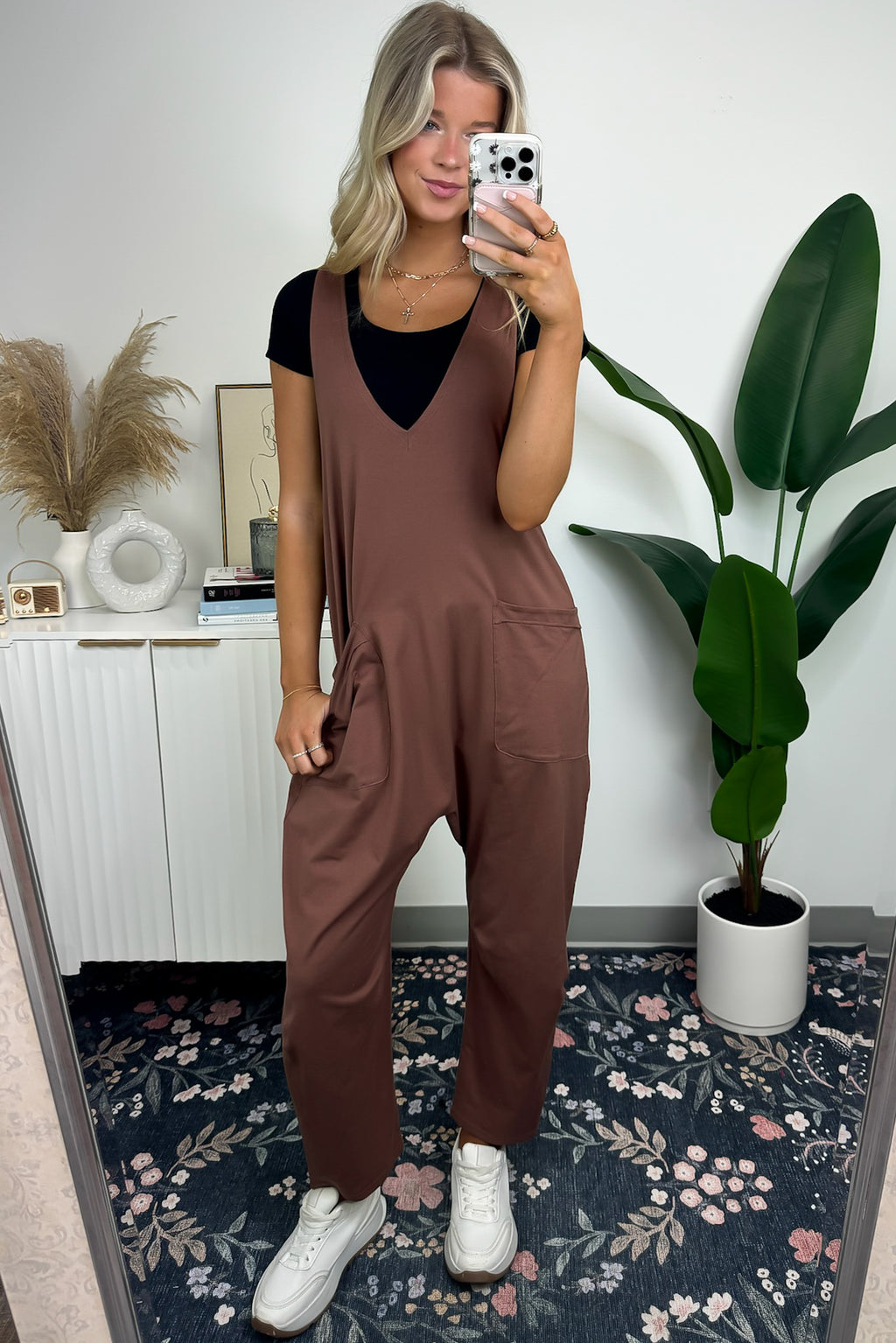 Mocha / S Jeayne Relaxed Fit V-Neck Jumpsuit - FINAL SALE - Madison and Mallory