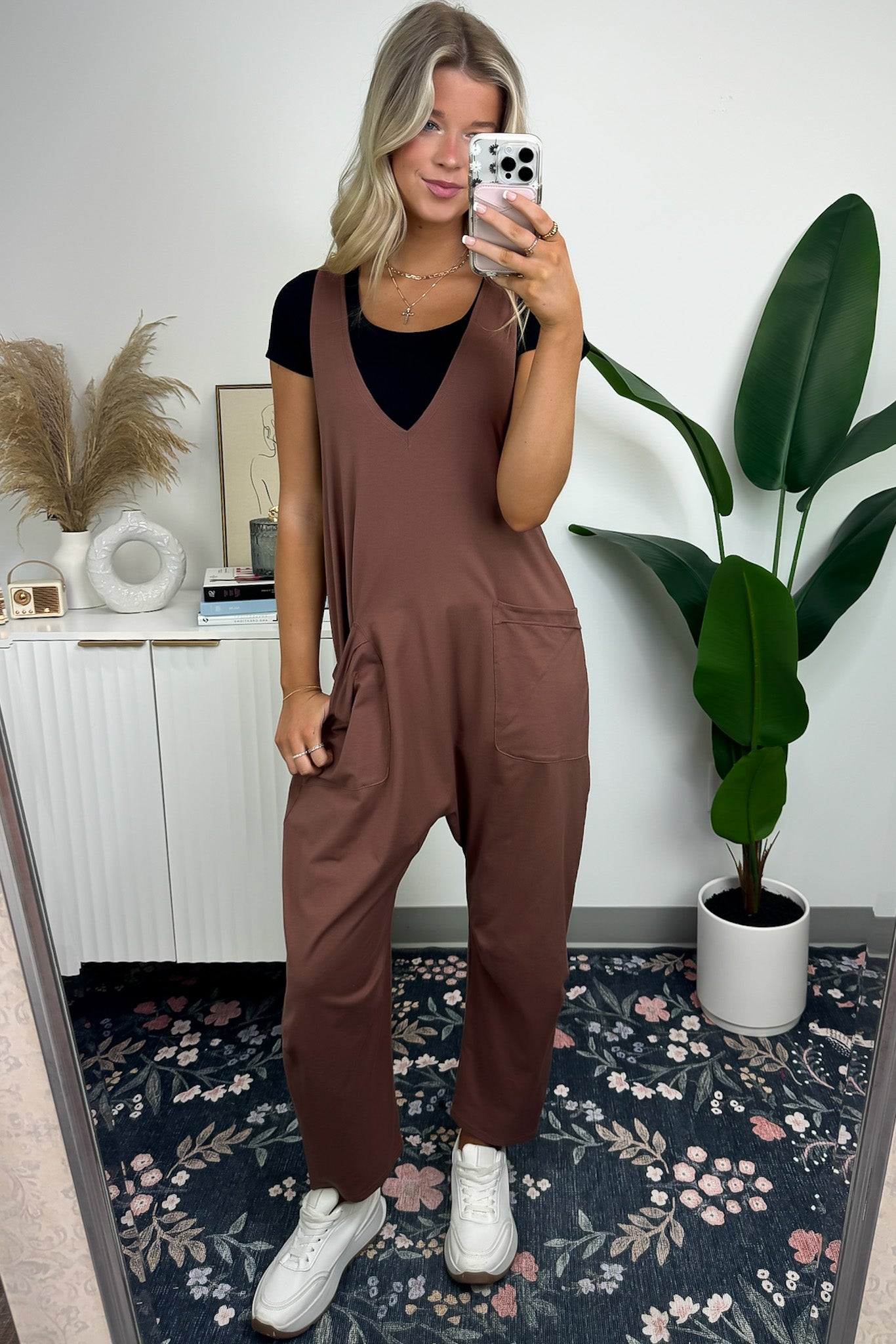 Mocha / S Jeayne Relaxed Fit V-Neck Jumpsuit - FINAL SALE - Madison and Mallory