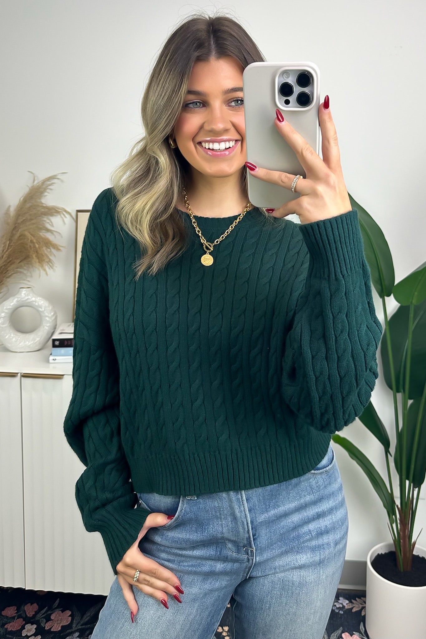 Hunter Green / S Jesslynn Cable Knit Pullover Crewneck Sweater - Madison and Mallory