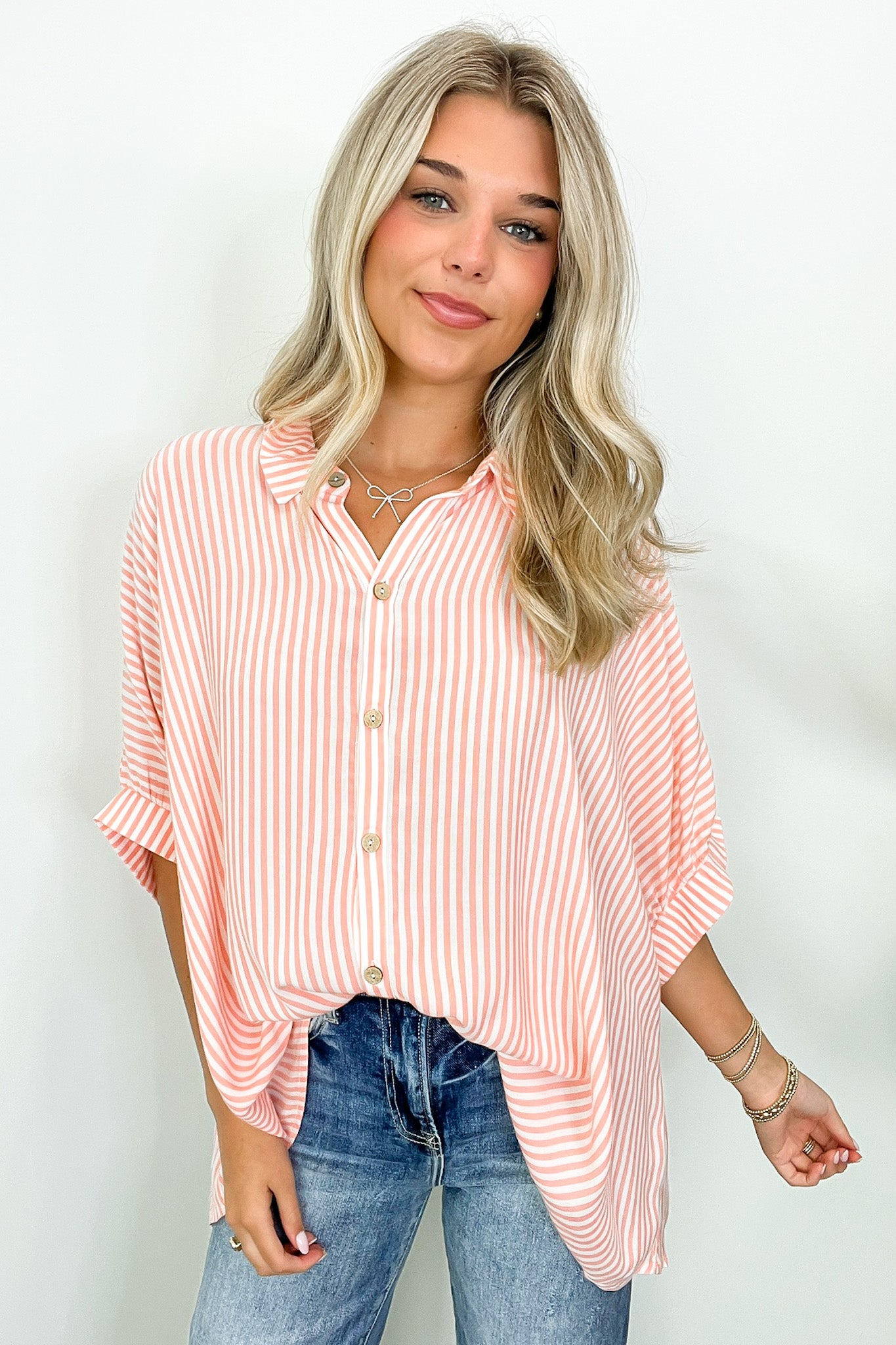 Coral / SM JoJo Striped Button Down Relaxed Top - BACK IN STOCK - Madison and Mallory