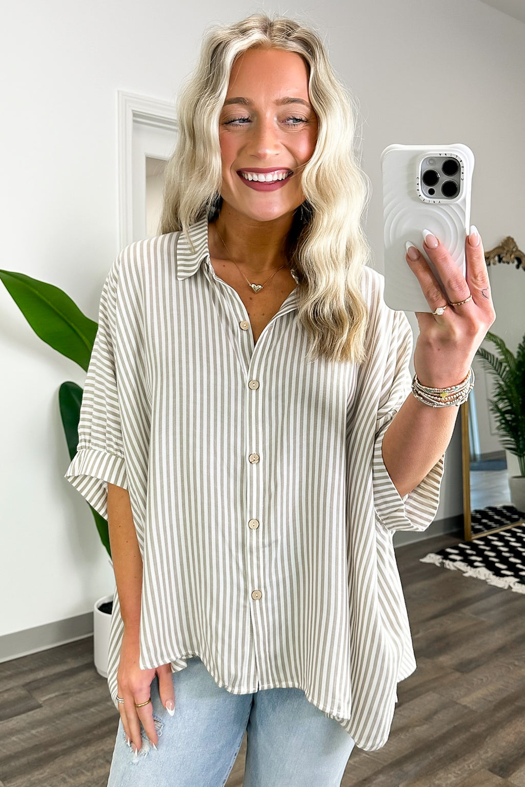 Taupe / SM JoJo Striped Button Down Relaxed Top - BACK IN STOCK - Madison and Mallory